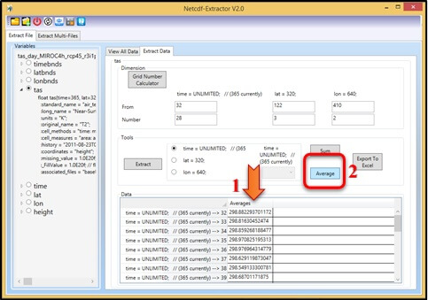 .nc file viewer- The Data panel with Average of data